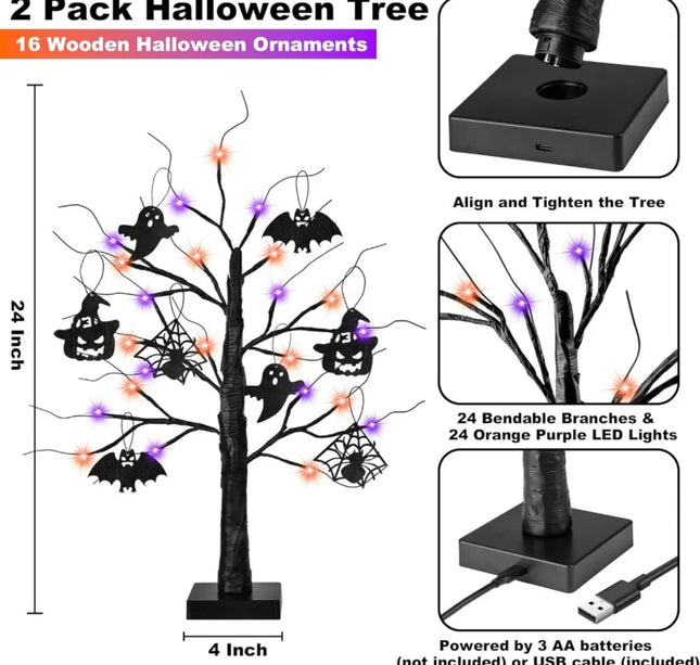 Halloween Decorations Indoor 2 Pack 24 Inch Black Halloween Tree with 24 LED Orange Purple Lights, USB/Battery Operated Hallowee