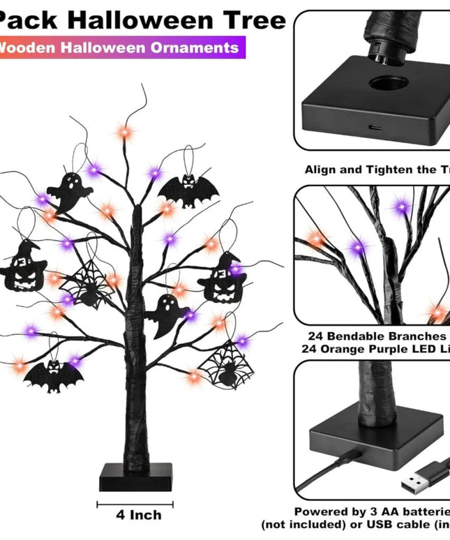 Halloween Decorations Indoor 2 Pack 24 Inch Black Halloween Tree with 24 LED Orange Purple Lights, USB/Battery Operated Hallowee