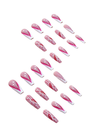 Pink Long Fake Nails with Spider Web Printed Charming Comfortable to Wear Manicure Nails for Women and Girl Nail Salon