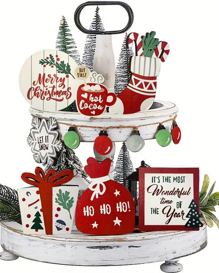 Christmas Tiered Tray Set Wooden Decoration Set Farmhouse Christmas Decor Bell Coffee Cup Snowflake Cookie Wooden Signs