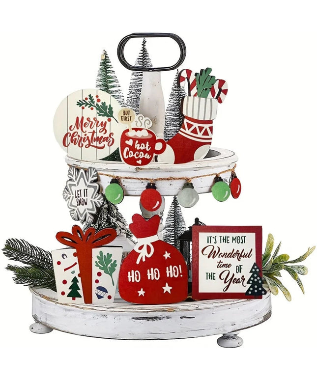 Christmas Tiered Tray Set Wooden Decoration Set Farmhouse Christmas Decor Bell Coffee Cup Snowflake Cookie Wooden Signs