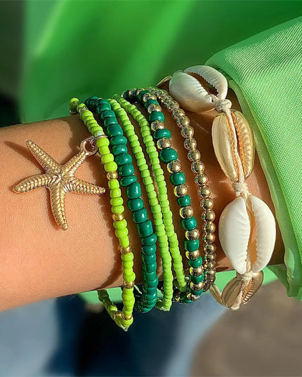 7Pcs Bohemian Shell Bracelet Set For Women Starfish Charm Rice Beads Wristband Bangle Girls Summer Beach Jewelry Accessories
