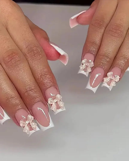24Pcs Pink French Style Fake Nails 3D Bowknot Designs Short Square Press on Nails Sweet Korean Fashion False Nail for Women Girl