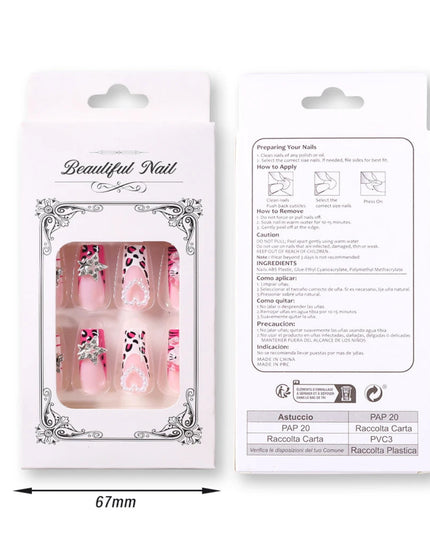 24Pcs Pink French Leopard Hello Kitty False nails 3D Y2k Star Heart Kitty Cat Rhinestones Press On Nails Cute Cartoon Fake Nails