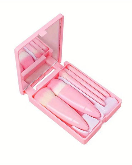 5-Piece Mini Makeup Brush Set with Mirror - Makeup Case with Mirror, Foundation Brush, Eyeshadow Brush, Foundation Blush Brush