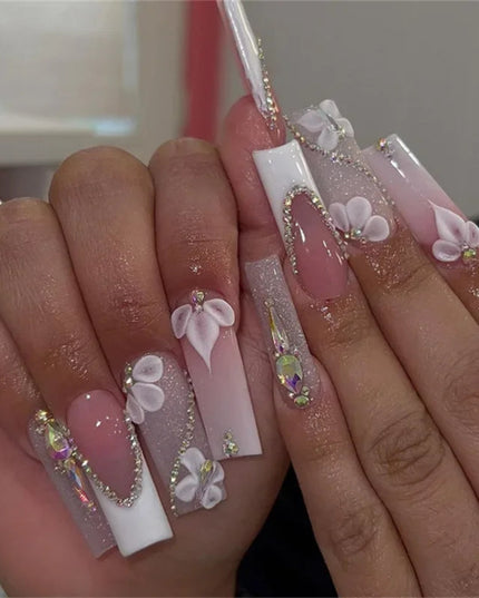 24pcs Colorful Diamond Glitter Removable Fake Nails Acyrlic Press on Nail Extra Long False Nails Square Girl White Stick-on Nail