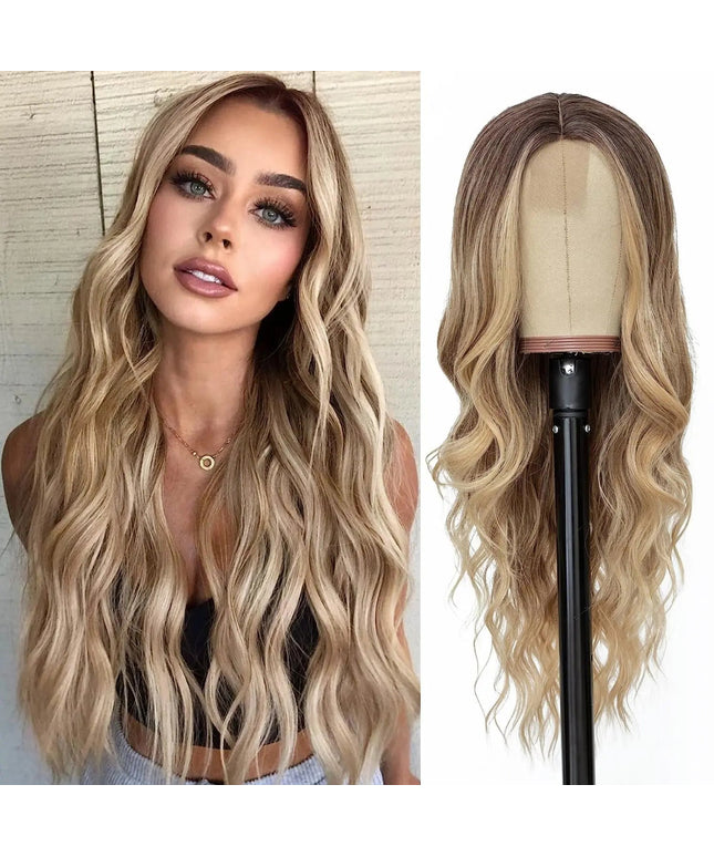 Synthetic Long Lace Ombre Blonde Wavy Wig for Women 26 Inch Middle Part Curly Natural Looking Heat Resistant Fiber for Daily
