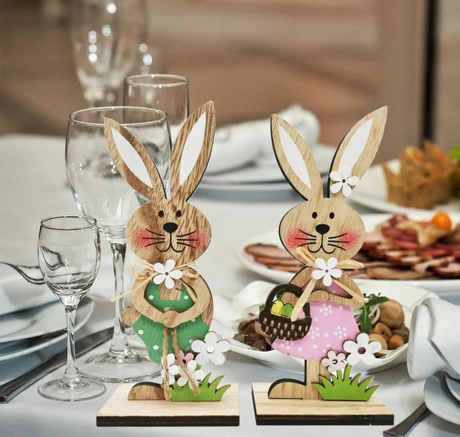 2026 Easter Day Wooden Easter Standing Rabbit Spring Festival Table Ornament Boy Girl Bunny Wood Crafts Happy Easter Party Decor