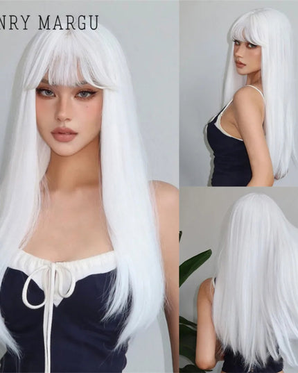 HENRY MARGU White Long Straight Synthetic Wigs for Women Colorful Cosplay Party Fake Hair with Bangs White Wig HighTemperature