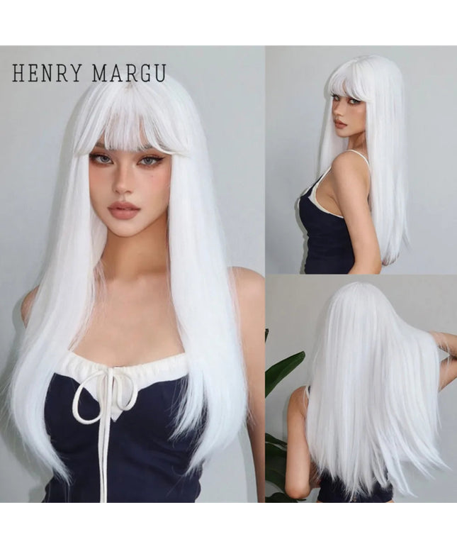 HENRY MARGU White Long Straight Synthetic Wigs for Women Colorful Cosplay Party Fake Hair with Bangs White Wig HighTemperature