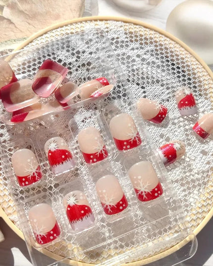 Christmas Nails Red White French Tip Press on Nails Short Fake Nails Glitter Xmas Hat Snow Full Cover False Nails Winter Snowfl