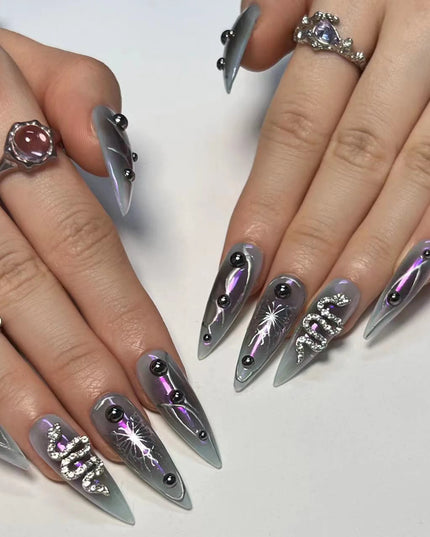 24Pcs Horror Comic Tomie Press on Nails Almond Glossy Black Japanese Anime Nails Reusable Halloween False Nail Tips for Girls