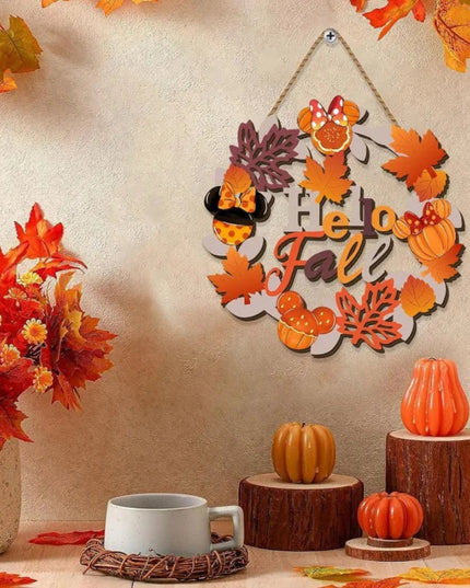 Thanksgiving Wooden Door Hanging - Whimsical Cartoon Mouse Fall Sign with Autumn Wreath & Maple Decor for Front Entryway