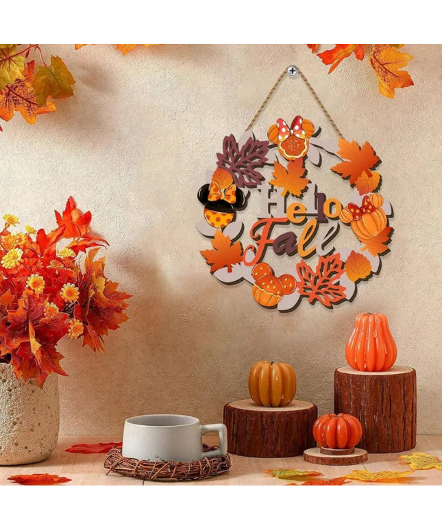 Thanksgiving Wooden Door Hanging - Whimsical Cartoon Mouse Fall Sign with Autumn Wreath & Maple Decor for Front Entryway