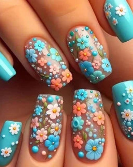24pcs/set Medium long fake nails for women Spring summer flowers butterfly bee design faux ongles tips press on false nail art