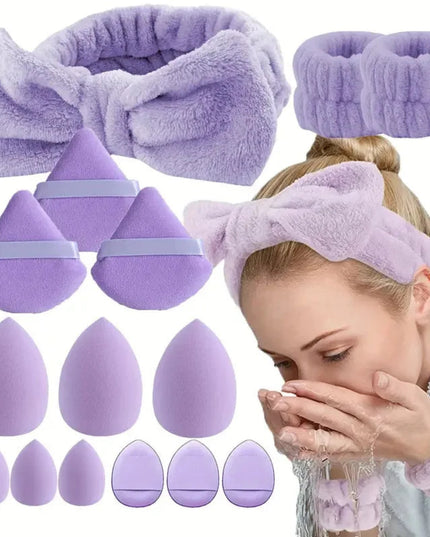 15pcs Combination Triangle Powder Puff Beauty Makeup Puff Set Women Make Up Tools With 1pc Bowknot Headband and 2pcs Wristbands