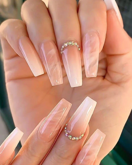 24pcs Y2k Summer Sea Blue Gradient Fake Nails With Water Ripples Designs Long Square Coffin False Nails Set Press On Nail Tips