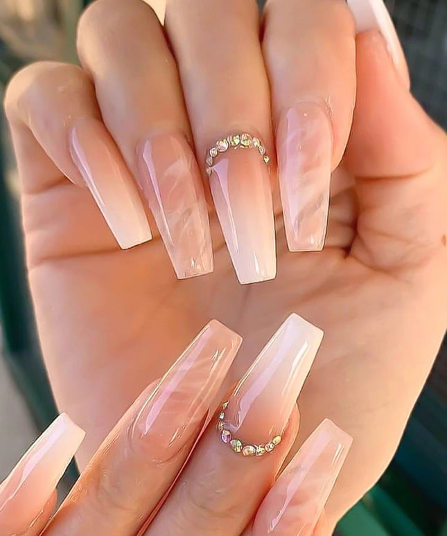 24pcs Y2k Summer Sea Blue Gradient Fake Nails With Water Ripples Designs Long Square Coffin False Nails Set Press On Nail Tips