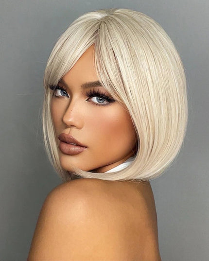 White Blonde Gray Synthetic Wigs with Bangs Short Straight Bob Hair Wig for Women Cosplay Daily Natural Hair Heat Resistant