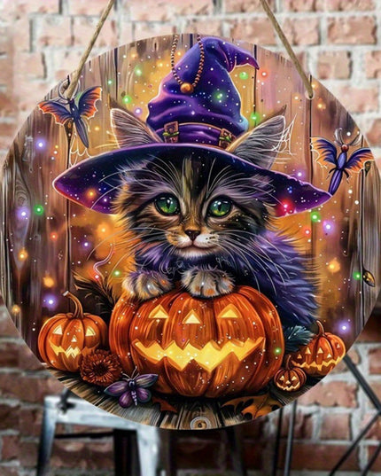 Spooky Halloween Wooden Door Sign with Black Cat and Witch Hat Print - Round Shape Wreath Door Hanger for Party Decorations and