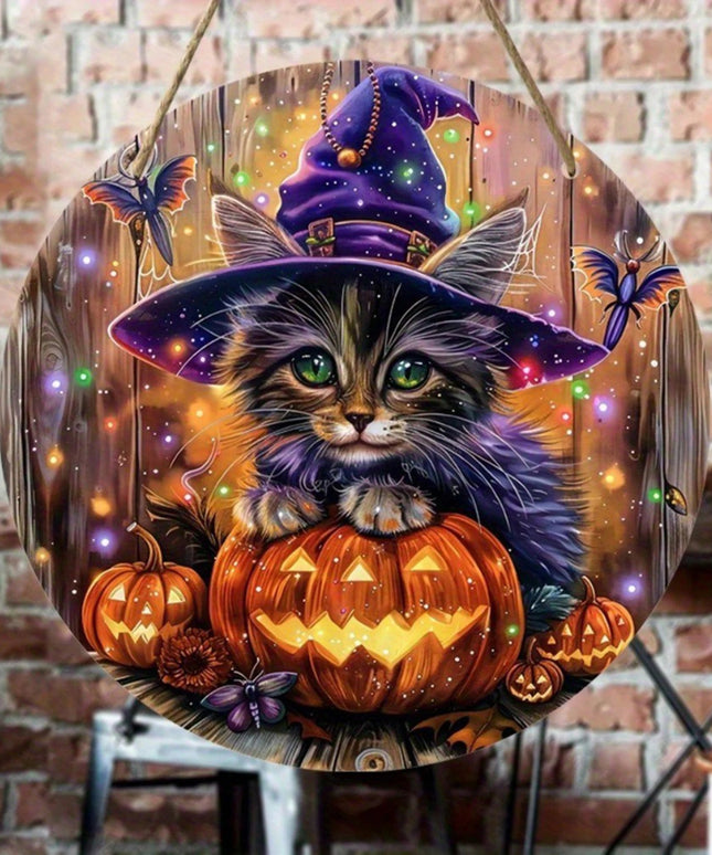 Spooky Halloween Wooden Door Sign with Black Cat and Witch Hat Print - Round Shape Wreath Door Hanger for Party Decorations and