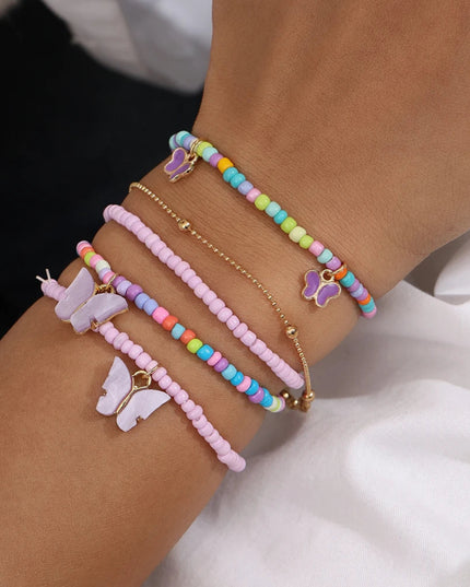 Aihua Cute Girls Purple Butterfly Seed Beaded Bracelet Set Handmade Kids Teen Friendship Best Friends Gifts Jewelry Sets
