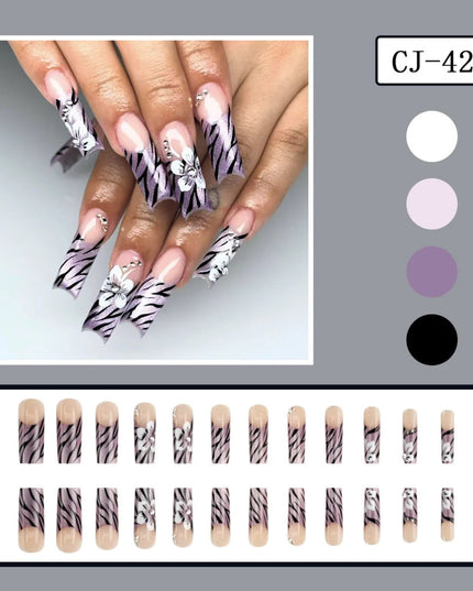 24pcs European Long Coffin Press On Nails Color Flower Leopard Print Fake Nail Tips for Women Wearable False Nails Patches