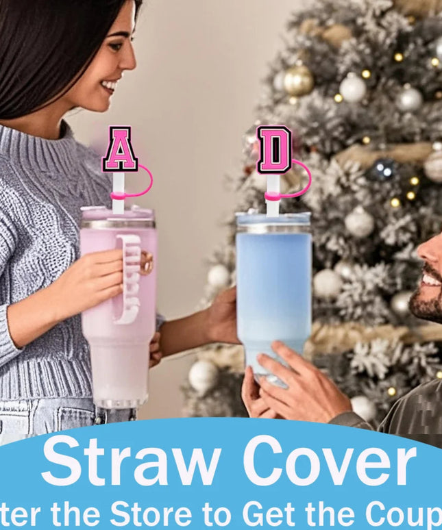 10mm Pink Letter Straw Cover Caps 1PCS Accessories For Cups,Soft Silicone Alphabet Straw Topper Drinkware,Dustproof Straw Caps