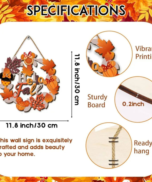 Thanksgiving Wooden Door Hanging - Whimsical Cartoon Mouse Fall Sign with Autumn Wreath & Maple Decor for Front Entryway