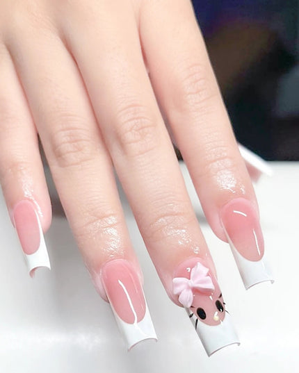 Rose Pink Long Coffin Fake Nails French Style Leopard Star Printed Press on Nails Y2K Girls Charms Manicure Black False Nails