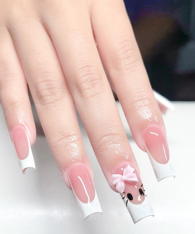 Rose Pink Long Coffin Fake Nails French Style Leopard Star Printed Press on Nails Y2K Girls Charms Manicure Black False Nails