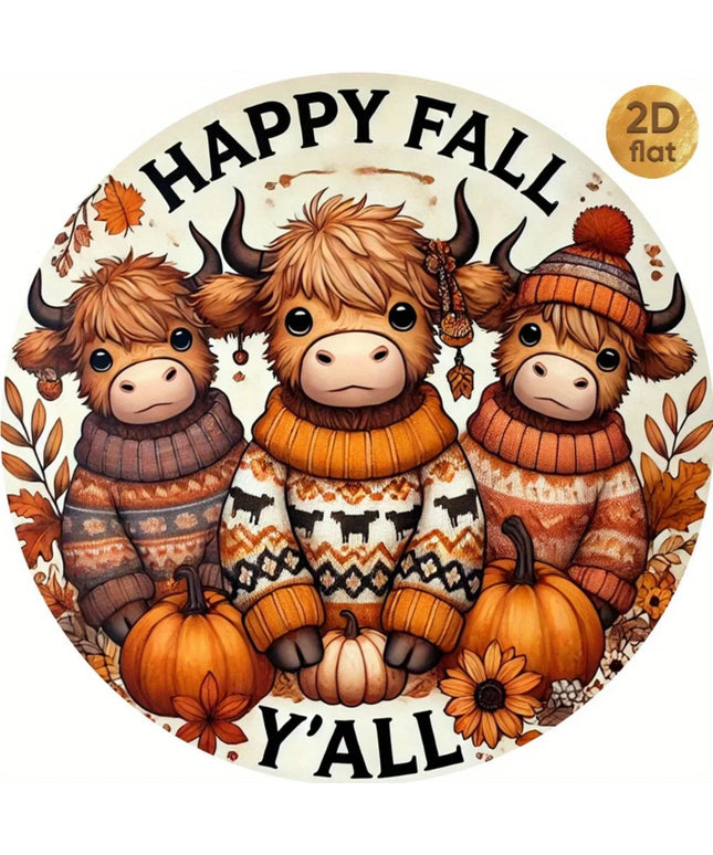Vintage "Happy Fall Y'All" Highland Cow Wreath Sign - 1pc 7.87x7.87" 2D Flat Round Iron Wall Art, Decor for Bar Cafe Porch Home