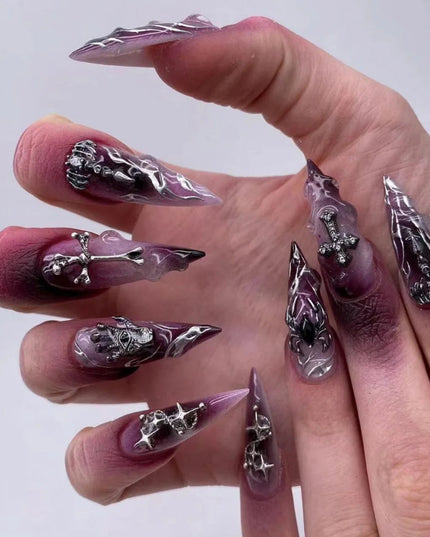 24Pcs Horror Comic Tomie Press on Nails Almond Glossy Black Japanese Anime Nails Reusable Halloween False Nail Tips for Girls