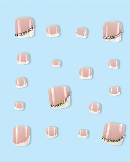 Nude Color False Toenail with Rhinestones Short Square Style Glossy False Nail with Glue for Women and Girl Party Activity