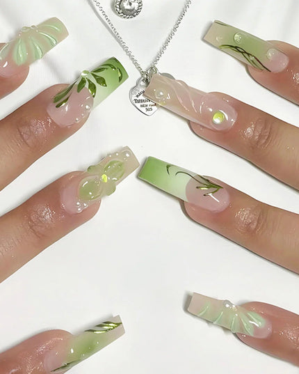 24pcs Y2k Summer Sea Blue Gradient Fake Nails With Water Ripples Designs Long Square Coffin False Nails Set Press On Nail Tips