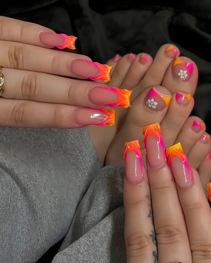 48pcs Sweet Summer Press on Nails Set Ins Beach Wearable French False Toenails Reusable Sweet Korean Flower Print Fake Nail Tips