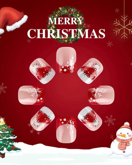 Christmas Nails Red White French Tip Press on Nails Short Fake Nails Glitter Xmas Hat Snow Full Cover False Nails Winter Snowfl
