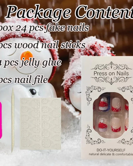 Christmas Nails Red White French Tip Press on Nails Short Fake Nails Glitter Xmas Hat Snow Full Cover False Nails Winter Snowfl