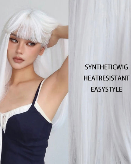 HENRY MARGU White Long Straight Synthetic Wigs for Women Colorful Cosplay Party Fake Hair with Bangs White Wig HighTemperature