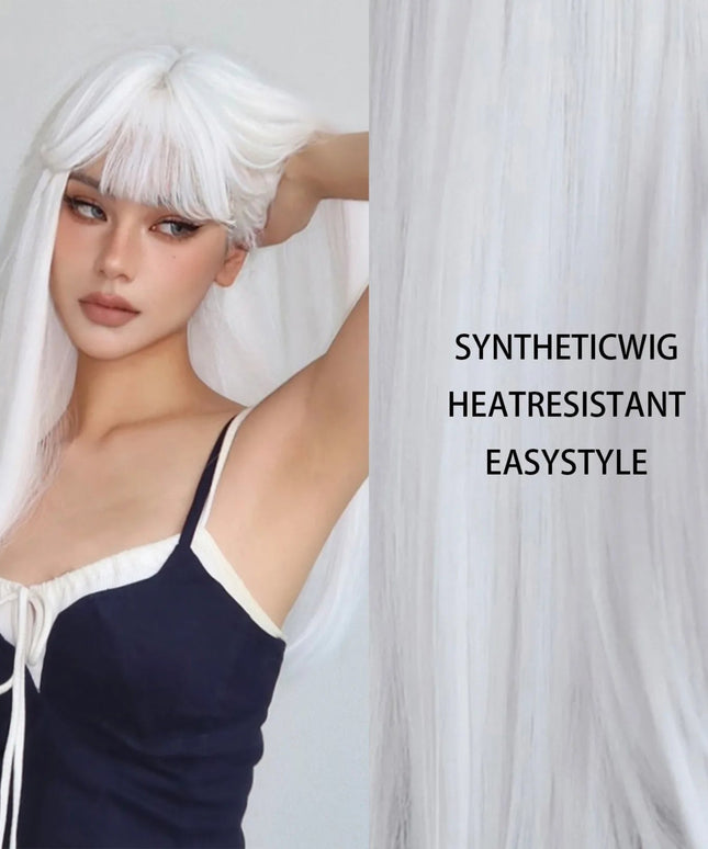 HENRY MARGU White Long Straight Synthetic Wigs for Women Colorful Cosplay Party Fake Hair with Bangs White Wig HighTemperature