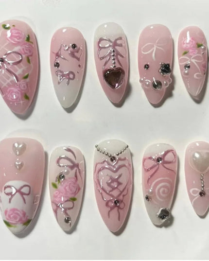 24pcs Almond False Nails Tips Summer Beach Colorful Nails Sets with Pearl Flower Design Press on Nails Art Wearable Fake Nail