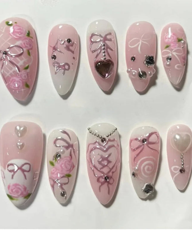 24pcs Almond False Nails Tips Summer Beach Colorful Nails Sets with Pearl Flower Design Press on Nails Art Wearable Fake Nail