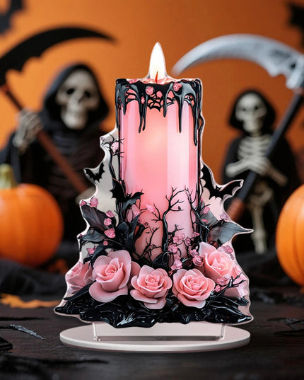 Spooky Halloween Acrylic Table Decor Set with 2D Flat Candle Moon Witch Eyeball and Fallen Angel Figurines for Home Décor