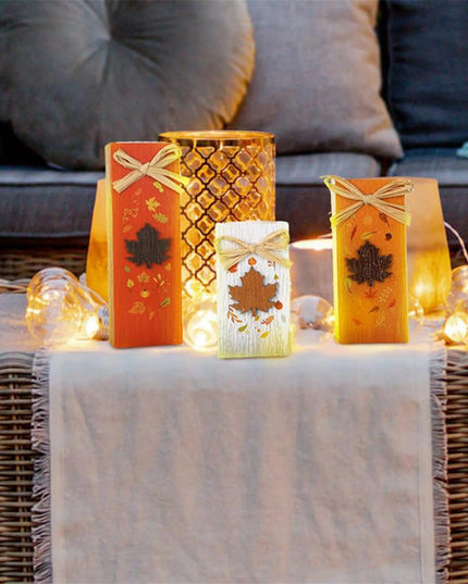 Rustic Autumn Tabletop Decor Set with Wooden Standing Blocks and Letter Print Signs for Tiered Trays 3 Pieces