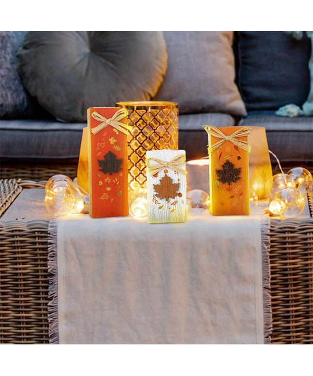 Rustic Autumn Tabletop Decor Set with Wooden Standing Blocks and Letter Print Signs for Tiered Trays 3 Pieces