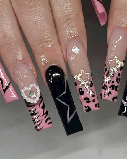 Rose Pink Long Coffin Fake Nails French Style Leopard Star Printed Press on Nails Y2K Girls Charms Manicure Black False Nails