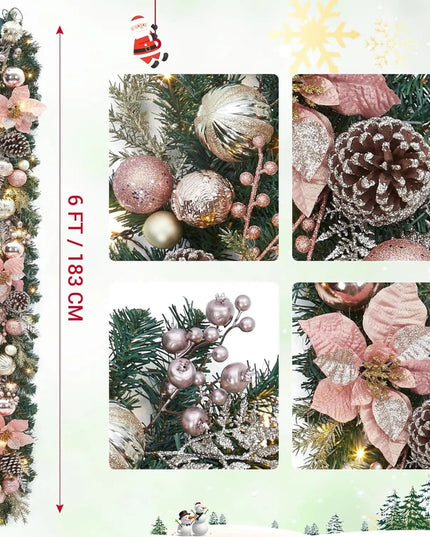 Christmas Garland with Lights, 6ft Pre Lit Outdoor Xmas Garland with Timer 20 LED Lights Pinecones Rose Gold Ball Ornaments