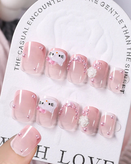 24Pcs Pink French Leopard Hello Kitty False nails 3D Y2k Star Heart Kitty Cat Rhinestones Press On Nails Cute Cartoon Fake Nails