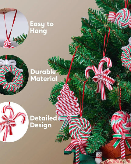 JOYFY 12 Pcs Christmas Candy Cane Ornament with Wreaths Lollipop Christmas Trees and Candy Canes Designs for Xmas Decoration