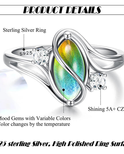 Fansilver 925 Sterling Silver Mood Rings for Women Cubic Zirconia Accents 18K Gold Plated Oval Solitaire Statement Silver Rings